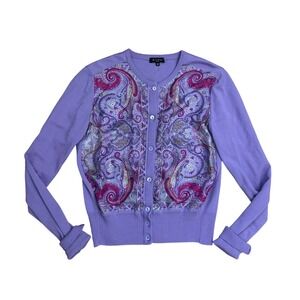 Etro Milano Lavender Purple Paisley Silk Wool Cardigan Sweater 46 Vintage preppy